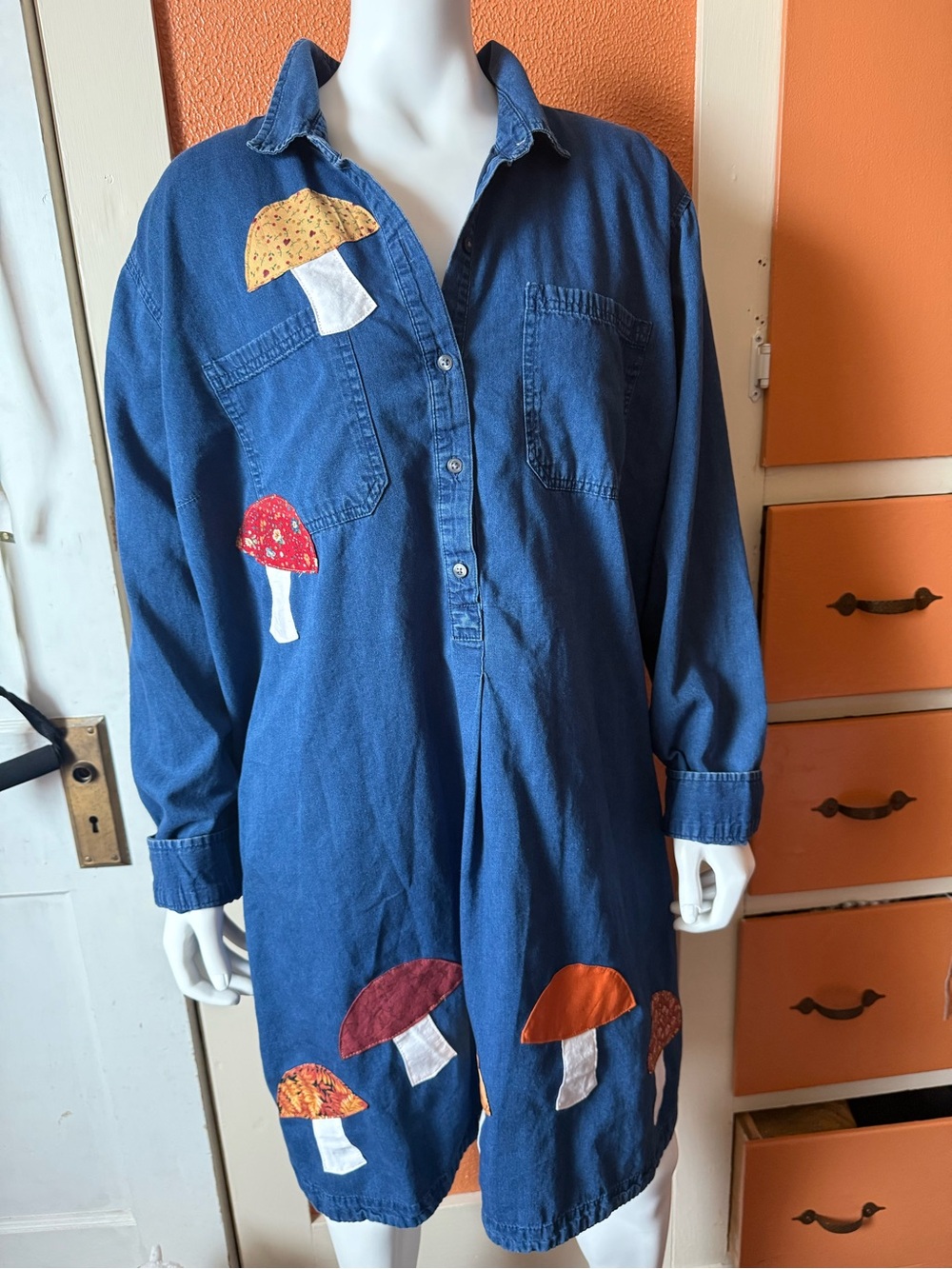 Old Navy Blue Denim Mushroom Appliqué Dress
